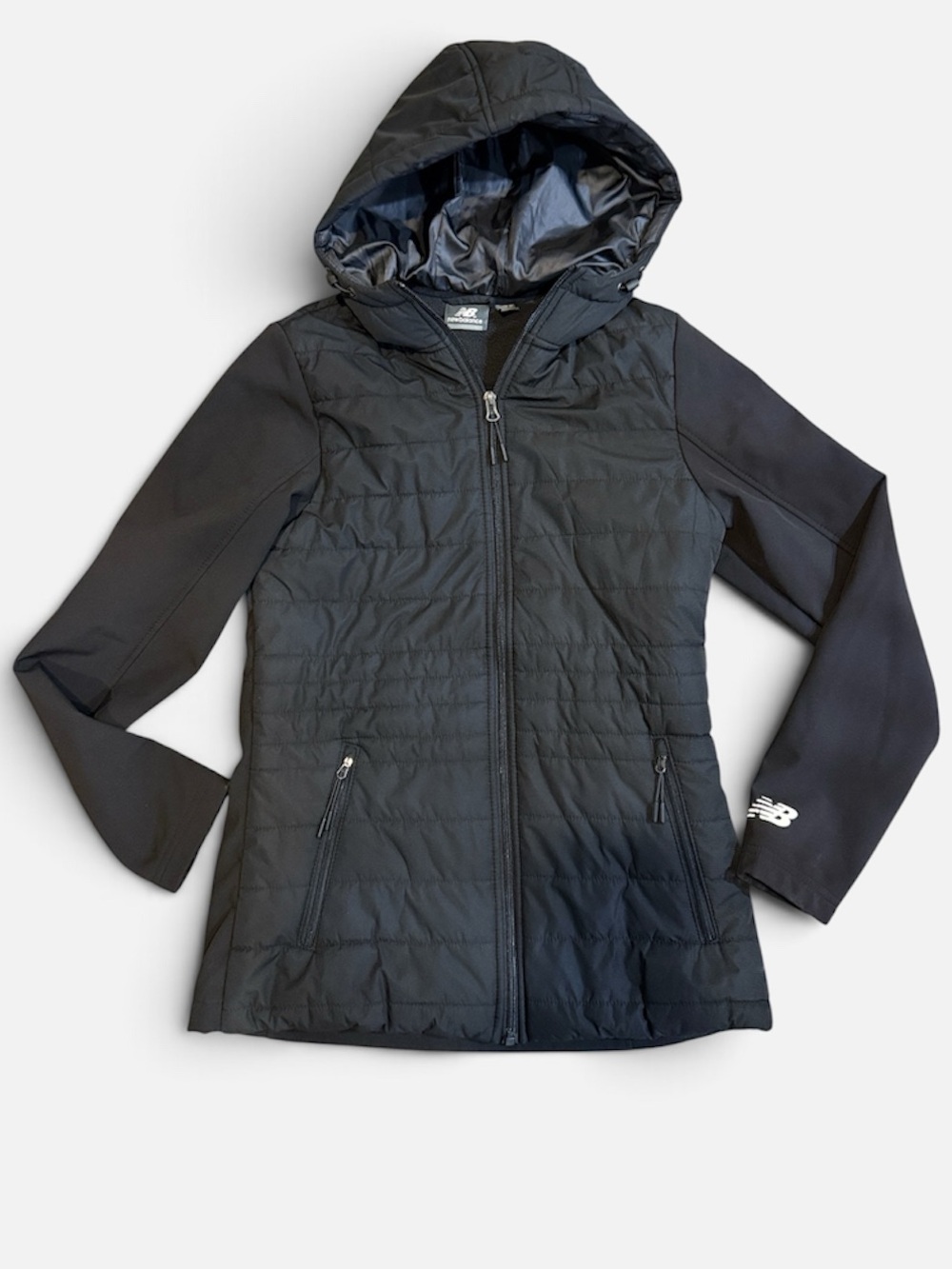 New Balance Black Quilted Hybrid Running Jacket with Hood Small - Picture 2 of 13